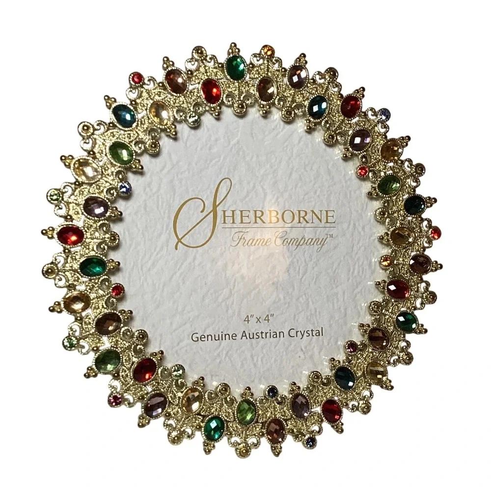 Sherborne Frame Company 4x4 Round Gold Filigree Austrian Crystal Picture Frame